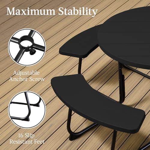 Best Choice Products 8-Person Outdoor Bench Patio Picnic Table, Circular w/ 4 Built-in Benches and Umbrella Hole, 2000lb Capacity - Black view 5