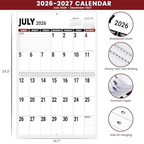 Wall Calendar 2026-2027 - 2026-2027 Large Wall Calendar, Jul. 2026 - Dec. 2027, 14.7'' x 23.2''(Open), Big Calendars 2026, 18 Months Jumbo Large Print 26-27 Calendar, 14.7'' x 11.6''(Close), Twin-Wire Binding view 5