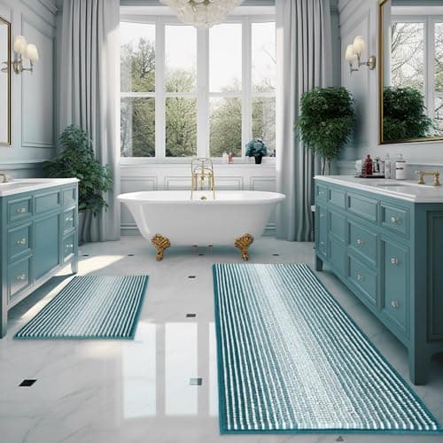 BSICPRO Bathroom Rugs and Mats Sets, 2 Piece Thick Absorbent Chenille Bath Mat Rug Set Non Slip, Soft Shaggy Bath Room Floor Mats for Bathroom, Machine Washable (20" x 60" Plus 20" x 32", Teal) view 1