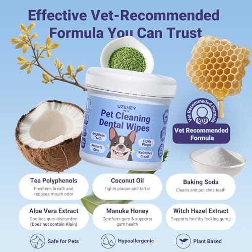 UZENEY Pet Teeth Cleaning Wipes for Dogs&Cats, 60 pcs Dental Finger Wipes, Larger Sized, Plant Extract Ingredients Refresh Breath & Control Plaque & Protect Gum, Dog Tooth Brushing Kit, Unscented view 2