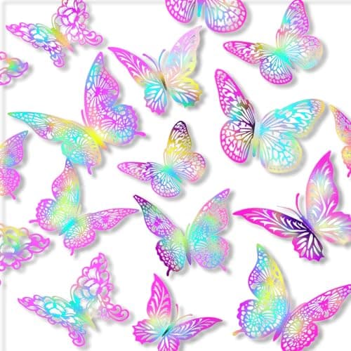 3D Butterfly Wall Decor 3 Sizes 4 Styles Butterfly Party Decorations Cake Decorations Removable Stickers Wall Decor Room Mural Metallic (Laser Pink, 48Pcs) — image 1