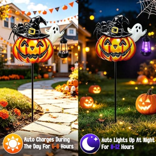 Halloween Decorations Outdoor Metal Solar Pumpkin Lights with Solar Lantern | 7-Color Changing & Flashing Mode, Waterproof 32.5 Inch Metal Cute Pumpkin Decorative Stake Fall Decor for Garden Yard Patio view 5