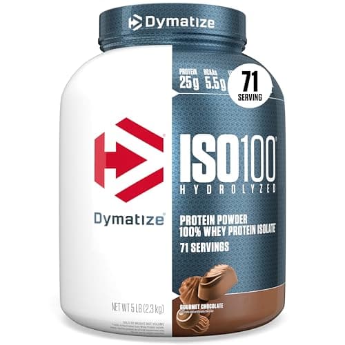 Dymatize ISO100 Whey Protein Powder Isolate, Gourmet Chocolate, 25g of Protein, 5 Pound, 5.5g BCAAs, Less Than 120 Cal., Gluten Free, 1g Fat, 1g Sugar, 2g Carb (71 Servings)