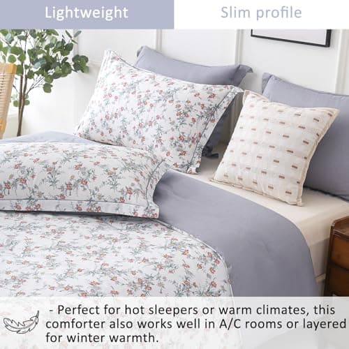 ALEISSEL White Floral Cotton Comforter King Size - 3PC Lightweight Bedding Sets with Soft Fill, Elegant Pale Purple & Burgundy Botanical Patterns with Light Gray Reversible Design view 3
