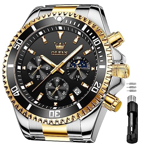 OLEVS Watches for Men Business Dress Big Face Classic Analog Quartz Black Chronograph Multifunction Stainless Steel Calendar Waterproof Luminous Mens Wrist Watches