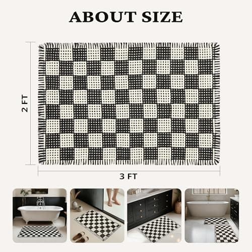 MatEssenz Checkered Bath Mat 2'x3', Black and White Waffle Weave Bathroom Rug with Tassels, Non-Slip & Quick Dry Bath Rugs for Tub and Sink, Machine Washable, Skin-Friendly Boho Decor view 2