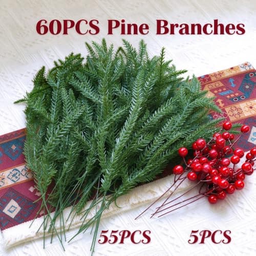 Artificial Christmas Norfolk Pine Branches with Red Berry Stems view 3