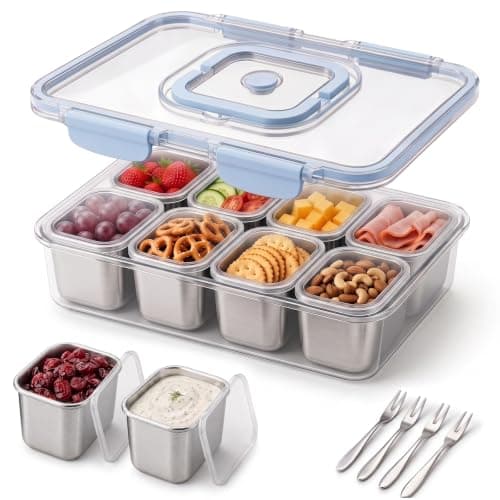 Helecors Stainless Steel Snackle Box Container with Individual Lids, 8 Removable Cups & 4 Forks, Portable Dishwasher Safe Snack Box for Kids Sports, Road Trips & Picnics — image 1