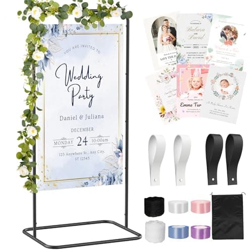 Wedding Welcome Sign Stand, Adjustable Welcome to Our Wedding Sign Holder with Poster Design & Leather Hanging Straps & Vine, Black Easel Stand for Welcome Sign, Party, Seating Charts, Wedding Decor — image 1