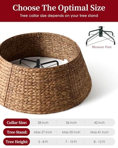 28in Christmas Tree Collar - Woven Hyacinth Tree Collars for Artificial Trees - Rattan Rustic Farmhouse Basket for Tree Base Cover with Cord Cut-Out for 6ft 7.5ft Tree (Brown) view 3