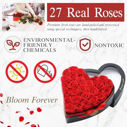 HERBMOTG 27 Forever Real Roses in Heart-Shaped Box with a Curved Design, Grade A Quality-Preserved Roses for Birthday, Mothers Day & Valentines Day (Red) view 5