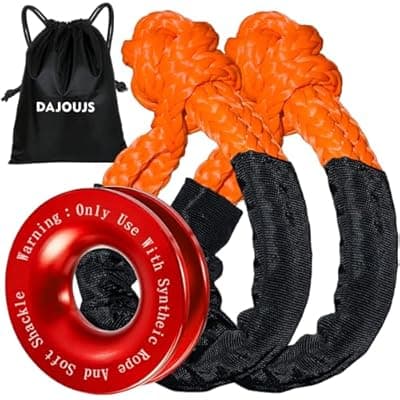 DAJOUJS Synthetic Soft Shackle Rope 1/2 x 22 Inch Orange Recovery Tow Shackles with Red Snatch Recovery Ring 56,000lbs Breaking Strength Offroad Soft Shackle Recovery Kit for Off-Road ATV UTV Vehicles