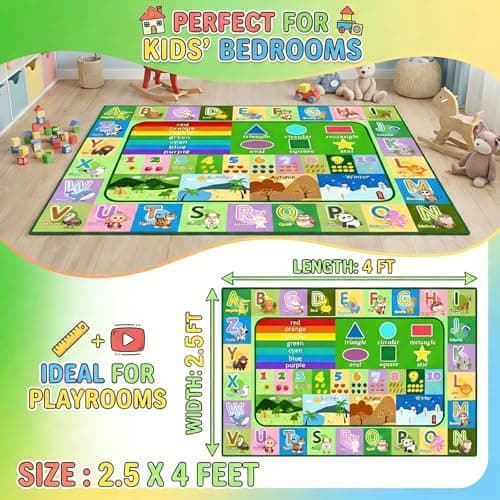 OGPJKEQR Kids Rug for Playroom Bedroom, 2.5x4 Feet Educational ABC Area Rug for Classroom Nursery, Non-Slip Alphabet Learning Carpet with Numbers Animals Seasons Fruits, Green Toddler Floor Mat view 3