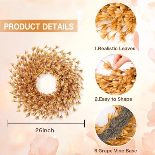 26 Inch Fall Wreath for Front Door, Autumn Thanksgiving Decor | Artificial Wreath for Porch Window Wall Fireplace Entryway Farmhouse Indoor Outdoor view 2