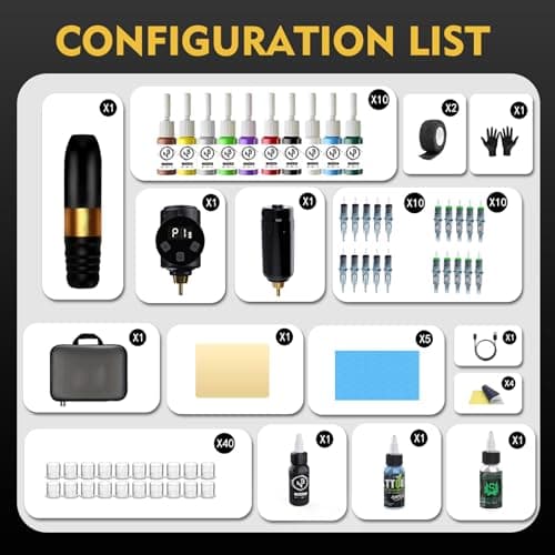 Tattoo Kit Tattoo Gun Wireless Tattoo Machine with 2 Batteries, Tattoo Ink Color Set, 20Pcs Tattoo Needles and Full Accessories Tattoo kit Complete for Beginners (Gold) view 6
