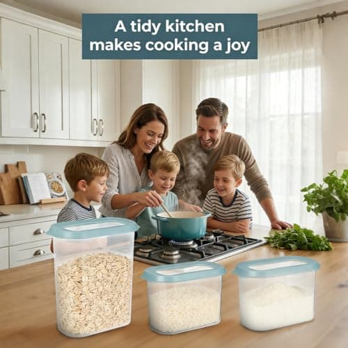 OMIO 5-Piece Airtight Food Storage Containers Set | BPA-Free Plastic Canisters with Easy Snap Lids for Dry Food, Pantry, Kitchen | Organize Cereal, Grains, Snacks, Flour, Sugar view 2