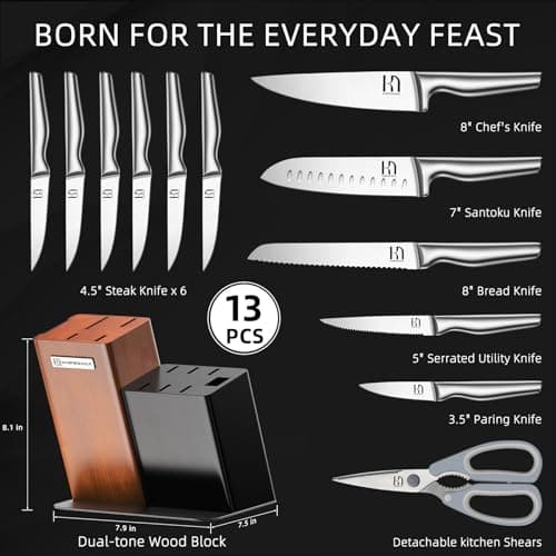 KnifeSaga Kitchen Knife Set with Block, 13-Piece Sharp Stainless Steel Set | High-Carbon Stainless Steel | Sharp Blades for Easy Prep | Comfortable Grip | Magnetic Side for Quick Access view 2