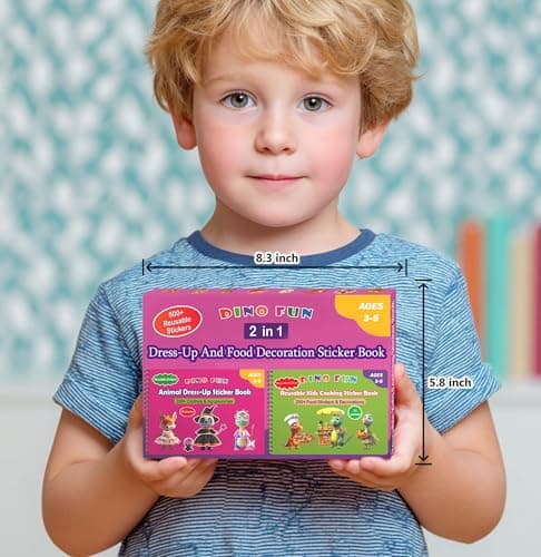 Dino Fun 2-in-1 Reusable Sticker Book for Kids – Animal Dress-Up & Cooking Play, 23 Scenes, 500+ Stickers, Fun Activity Book for Toddlers Ages 3+, Removable Sticker for Boys & Girls view 2