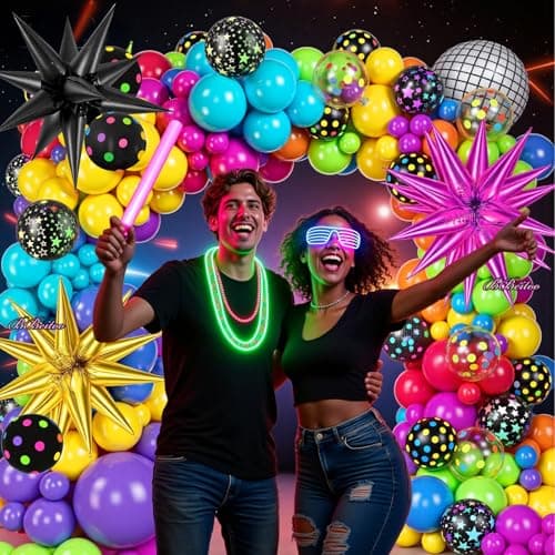 Neon Birthday Party Decorations-176Pcs Neon Balloon Arch Kit with Glow Dot Balloons & 3PCS Star Balloons for 80s 90s Disco Theme Party Decorations view 4