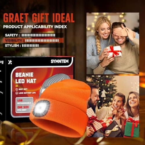SYMNTEM Unisex Beanie Hat with Light, Rechargeable Headlight Cap, Valentines Day Gifts for Him, Cool Gadget Gifts for Him, Birthday Gifts for Women, Gifts for Men, Orange view 2