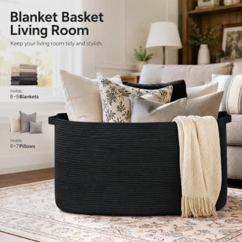 OIASKET 108L Extra Large Blanket Basket Living Room, 24.8" x 16.2" x 16.2" | Rectangle Woven Laundry Hamper, Nursery Blanket Storage Living Room, Toy Storage With Handle, Large Baskets for Organizing view 3