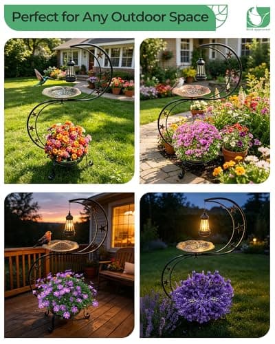 OUISJYER Solar Bird Bath with Planter, 2-Tier Standing Metal Birdbath, 9" Bowl + 12" Planter for Garden Yard Patio | Auto Solar Light, Stable Rust-Resistant Outdoor Decor view 6