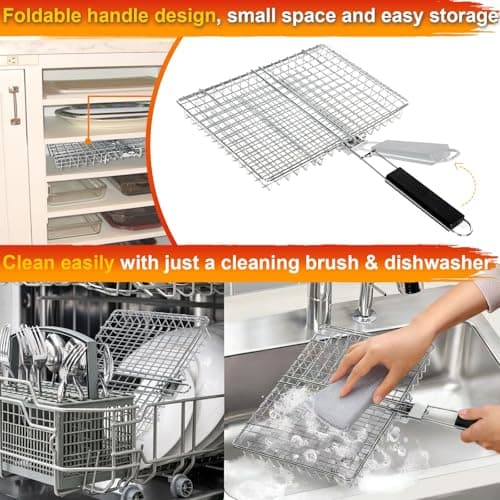 Grill Basket for Outdoor Grill, Stainless Steel Grilling Basket with Foldable Handle, Portable BBQ Cooking Rack for Fish, Vegetables, Shrimp, Chicken - Includes BBQ Skewers 6pcs,Basting Brush,Scrub Sponge-Upgrade view 5