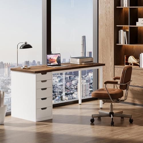 Tribesigns Modern Simple Computer Desk, 47 Inches PC Desk with 5 Reversible Drawers, Rustic Brown Study Writing Table Workstation for Home Office Small Spaces (Brown+White) view 5