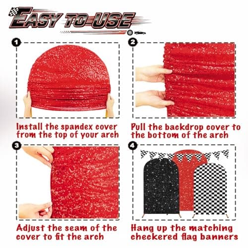 3PCS Arch Backdrop Cover Set (4,5,6FT) for Monster Truck Car Birthday Party Decorations, Boys Race Car Theme Background with Checkered Arch Covers view 4