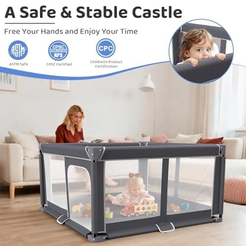 Foldable Baby Playpen - 50"x50" Safety Play Yard for Babies & Toddlers - Indoor & Outdoor Use with Carry Bag - Collapsible, Portable Play Yard, Dark Gray view 2