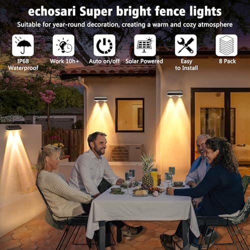 echosari Solar Fence Lights 8 Pack, 100 Lumen Ultra Bright Solar Wall Lights Outdoor Waterproof Lighting Auto ON/Off for Backyard Patio Railing Porch Step (2700K Warm White) view 4