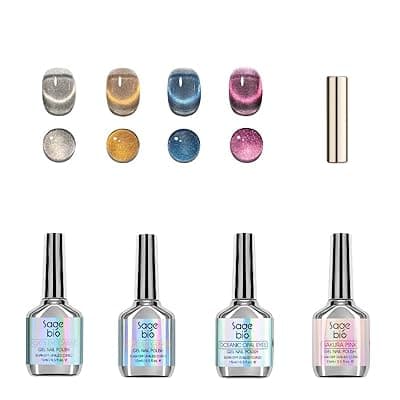 SAGEBIO Cat Eye Gel Nail Polish Set with Magnetic Powder, 4 x 15ml Bottles, UV/LED Cured, Long-Lasting 4 Weeks, Stunning Magnetic Effects, DIY Manicure Kit, 03