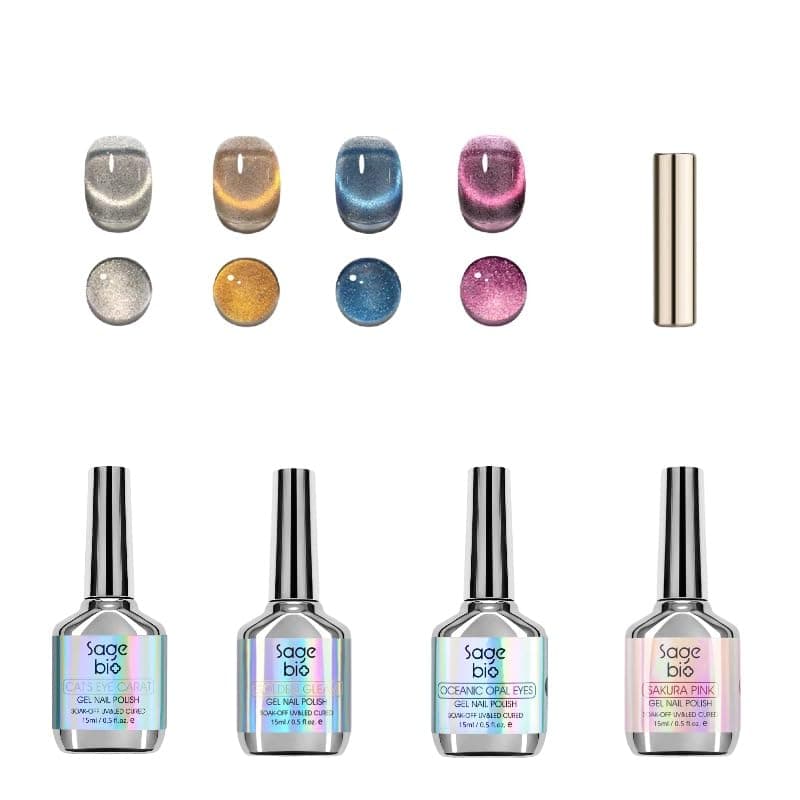 SAGEBIO Cat Eye Gel Nail Polish Set with Magnetic Powder, 4 x 15ml Bottles, UV/LED Cured, Long-Lasting 4 Weeks, Stunning Magnetic Effects, DIY Manicure Kit, 03 — image 1