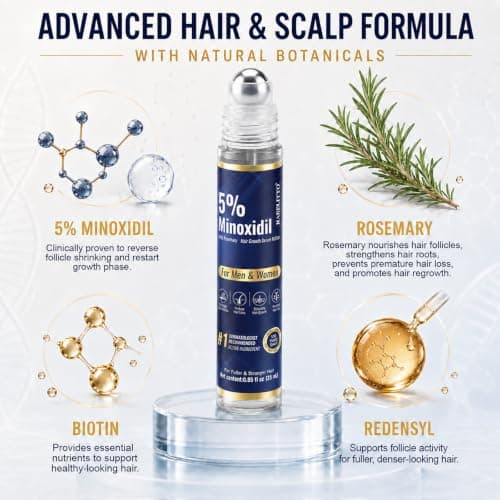 5% Minoxidil Hair Growth Serum Roll-On for Men & Women, Scalp Applicator for Hair Regrowth Treatment with Rosemary & Biotin, Fast-Absorbing Herbal Blend, Non-Greasy, Easy Dosage Control, 4x0.85 fl oz view 4