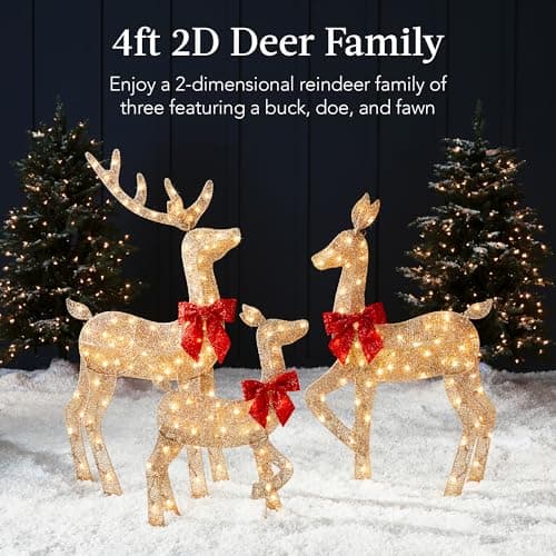 Best Choice Products 4ft 3-Piece 2D Lighted Christmas Deer Family Set, Large Outdoor Yard Reindeer Holiday Decoration with 175 LED Lights, Stakes, Zip Ties - Gold view 3