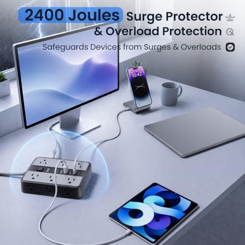 2400J Surge Protector Power Strip with 12 Outlets, 6 USB (3 USB C), 6 FT | 0.5" Thin 45° Flat Plug, 1.7" Wide-Spaced Outlets, 2400J Surge Protection & 1875W/15A Overload Protection for Home & Gaming view 3