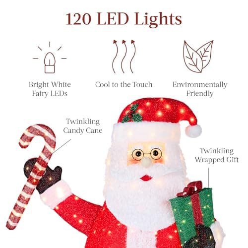 Best Choice Products 3ft Lighted Pop-Up Santa, Outdoor Christmas Holiday Decoration w/ 120 LED Lights, Twinkling Candy Cane, Gift Box, Hat view 5
