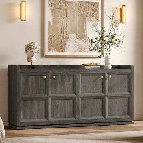 SICOTAS 4-Door Buffet Cabinet, 61.7" Wide Modern Industrial Sideboard with 2 Separate Bays & Adjustable Shelves, Extra Long Credenza with Luxury Gold Handles for Kitchen Living Room, Dark Gray Oak view 1