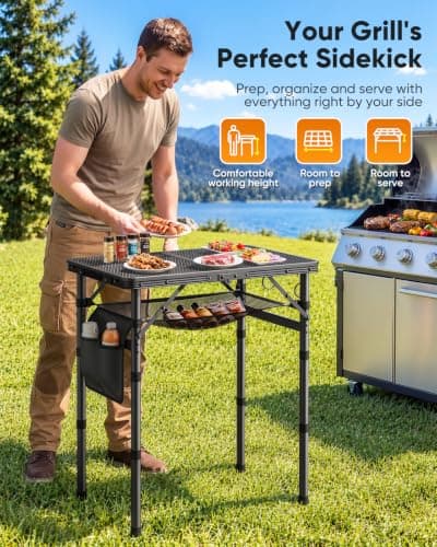 Raynesys Portable Folding Grill Table for Outside, 3 Adjustable Heights | 23.6" x 15.7" Small Camping Table, Lightweight & Compact, Metal Mesh Top, with Carry Handle & Mesh Bag, for BBQs & Tailgating view 6