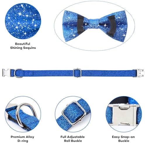 Jumpress Bling Bow Tie Dog Collar and Leash Set, Cute Blue Boy Dog Collar with Bow and 5ft Leash for Medium Dogs Daily Walking or Holiday Party (Neck fit 13-19’’) view 3