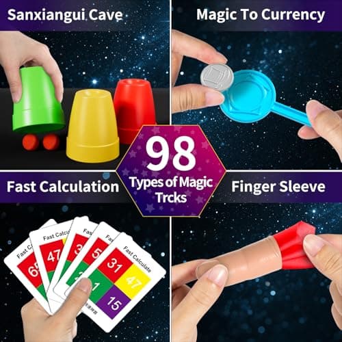 Novaluki Magic Kit for Kids, 98 Magic Tricks with Magician Costume, Manual and Videos, Magic Gift Set for 6+ Years Old Beginner Magicians, Halloween Christmas Birthday Party Family Game Fun view 6