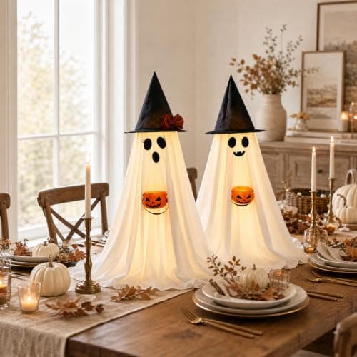 Halloween Decorations Indoor Lighted Ghost, 2 Pack Cute Light Up Ghosts | 2.95Ft Decorations with Witch Hats & Pumpkin Buckets, Indoor Ghost Decor for Entryway, Fireplace, Porch, Party, Home, Yard view 6