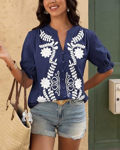BTFBM Women's 2026 Spring Tops Casual Floral Boho V Neck Puff Short Sleeve Button Down Shirts Embroidered Blouses Tunic view 5