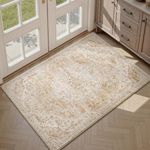 tchdio 2x3 Entryway Rug, Non Slip Front Door Mat Small Washable Rugs, Soft Low Pile Small Area Rug Vintage Doormat, Stain Resistant Rug for Entrance, Kitchen (Beige, 2'x3')