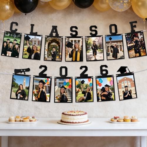 Graduation Photo Banner Class of 2026 Banner for Grad Decorations 2026 Pre-Strung K-12th Graduations Picture Banner for Middle High School College Graduation Party Supplies Black 10 Feet view 2