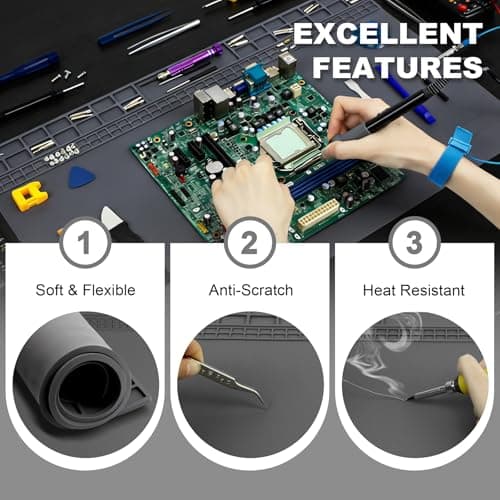 23.7''x13.8'' Large Soldering Mat, 932℉(500℃) Heat Insulation Silicone Soldering Mat with Wrist Strap, Extra Large Repair Workbench Mat for Watch Phone Laptop Computer Electronics Repair (Grey) view 4