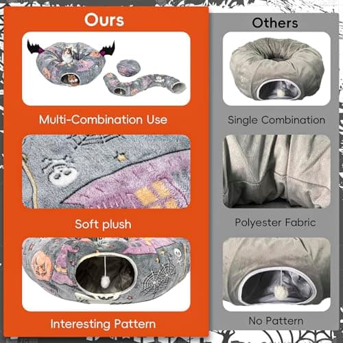Tidjani Halloween Cat Tunnel Bed, Cat Tunnels for Indoor Cats with Bat Wings, Foldable Pet Donut Bed with Middle Mat and Dangling Balls, Pet Play Toy with Ghost, Spider Web Pattern Decorations view 7