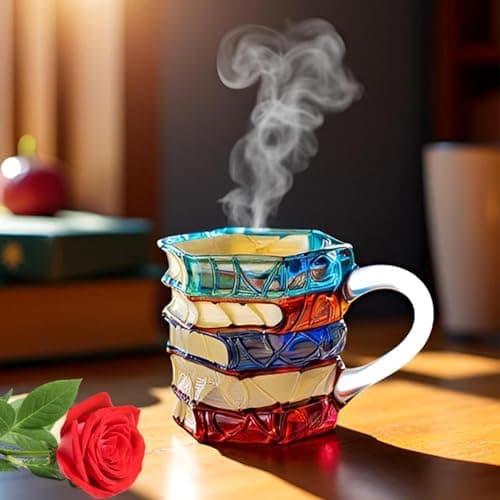 TOPORNEE Handmade Painted Book Coffee Mug, 14 oz Glass Cup, Stacked Books Design with Colored Handle, Gift for Readers and Book Lovers (Transparent Handle#B, Large) view 2