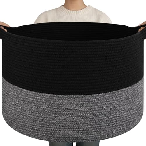 OIAHOMY 90L XXXLarge Blanket Basket for Living Room, 21.7" x 13.8" Woven Cotton Rope Laundry Basket for Organizing Pillows, Decorative Stuffed Animal Toy Storage Bin for Nursery, Black and Grey — image 1