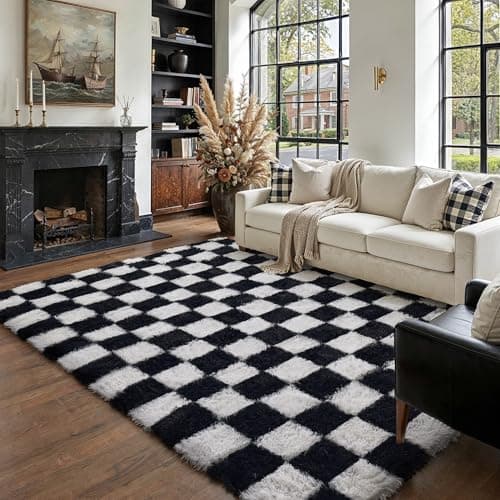 PureCozy Checkered Rug 5x8 for Living Room, Black and White Modern Shag Rugs Super Soft Washable Indoor Office Fuzzy Carpet Non-Slip Fluffy Rugs for Bedroom Home Aesthetic Decor view 1
